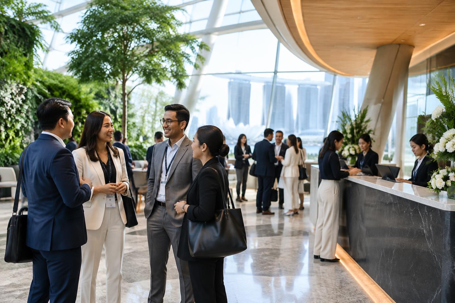 Delegates meeting in a bright conference foyer