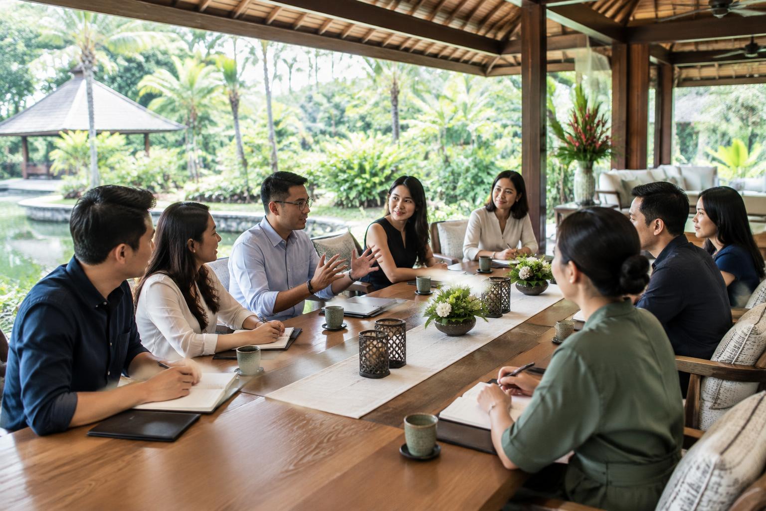 Colleagues discussing ideas in a tropical retreat pavilion