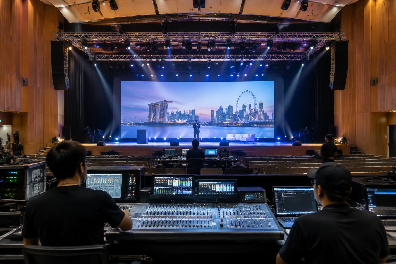 Technical crew rehearsing lighting and stage cues
